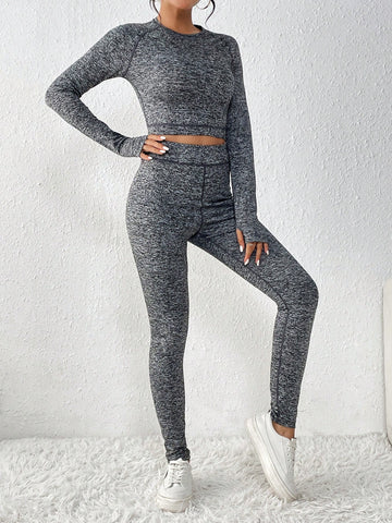 2pcs/set Women's Knitted Long Sleeve Top And Leggings Set