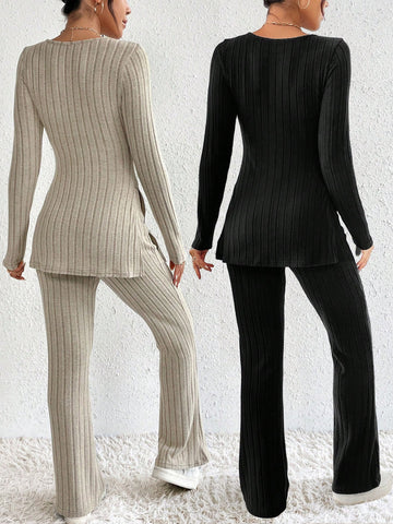 2sets Ribbed Knit Notched Neckline Slit Hem T-shirt And Pants Outfits