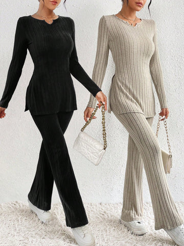2sets Ribbed Knit Notched Neckline Slit Hem T-shirt And Pants Outfits