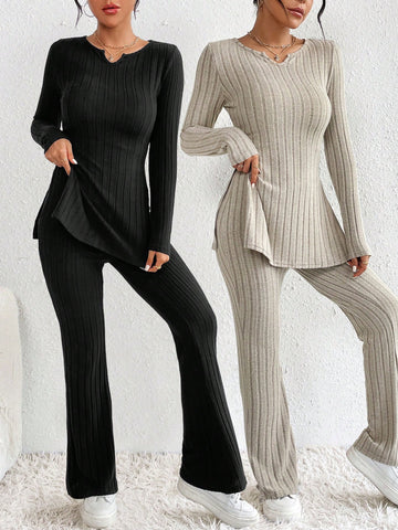 2sets Ribbed Knit Notched Neckline Slit Hem T-shirt And Pants Outfits