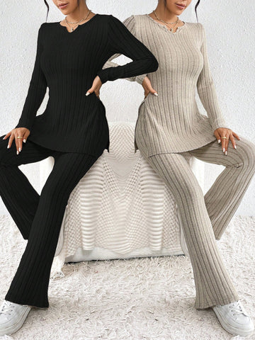 2sets Ribbed Knit Notched Neckline Slit Hem T-shirt And Pants Outfits