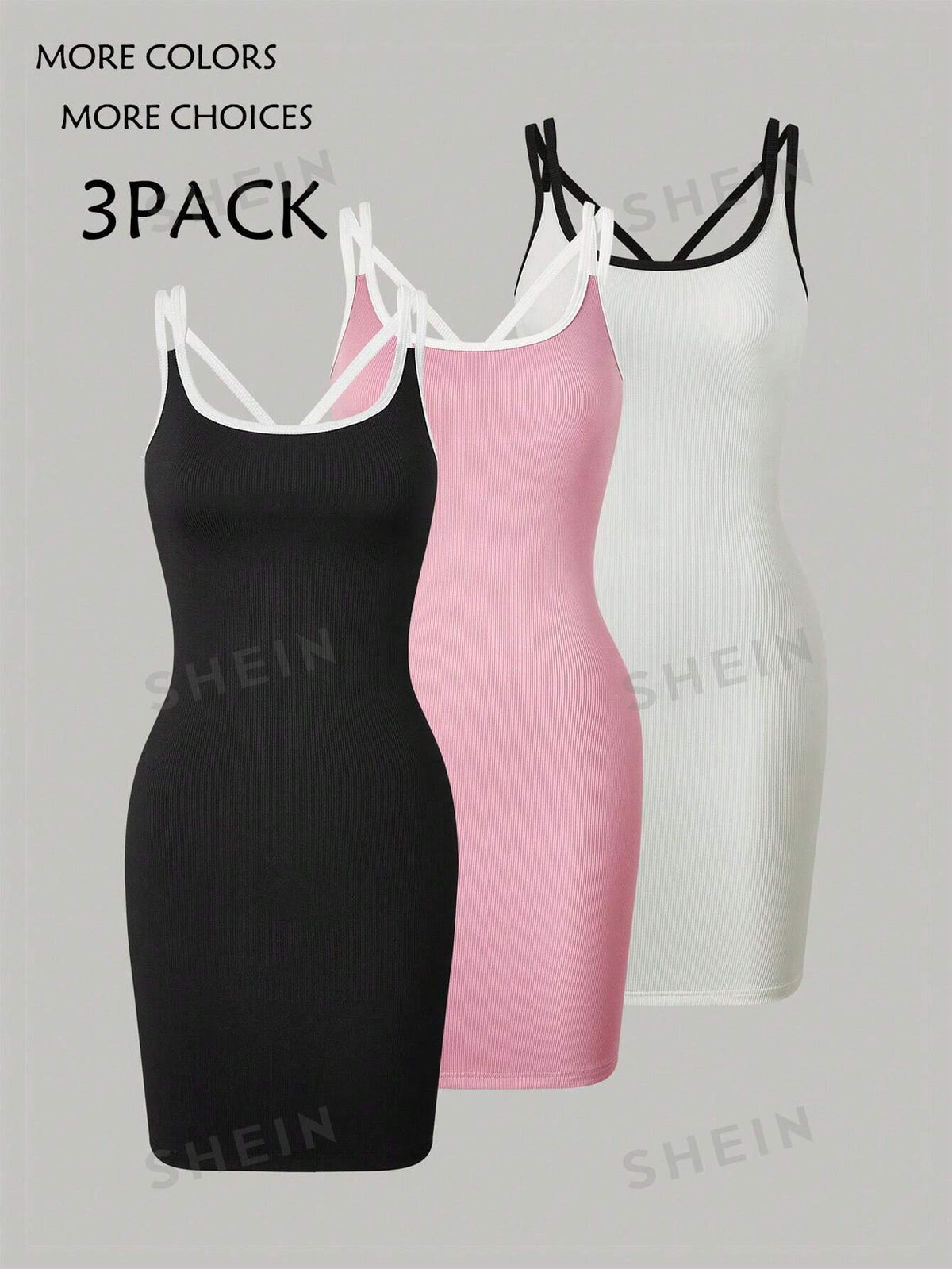 3pcs/Set Contrast Trim Spaghetti Strap Dress