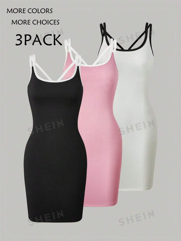 3pcs/Set Contrast Trim Spaghetti Strap Dress