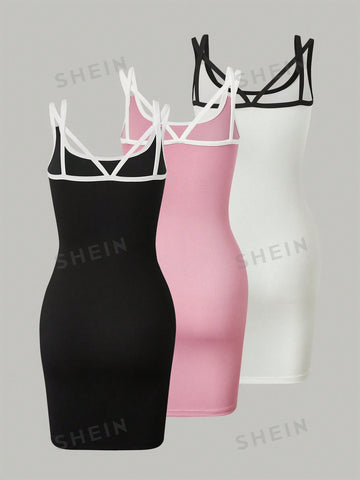 3pcs/Set Contrast Trim Spaghetti Strap Dress