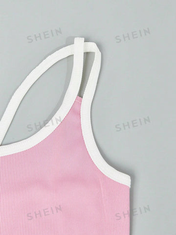 3pcs/Set Contrast Trim Spaghetti Strap Dress