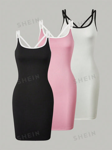 3pcs/Set Contrast Trim Spaghetti Strap Dress