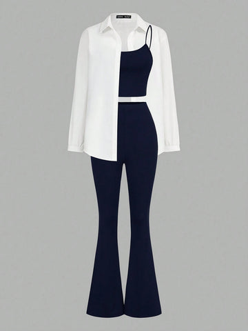 3pcs/Set Women's Casual Basic Light Sports Outfit , Sexy & Fashionable Outdoor Cycling Tennis Travel Top Top Slim Fit Strap & Slim Fit Flare Pants & Long Sleeve Blouse Women Tracksuit Workout Set Fall Women Clothes , 3pcs/Set