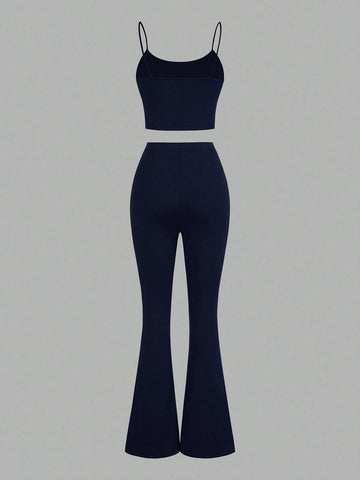 3pcs/Set Women's Casual Basic Light Sports Outfit , Sexy & Fashionable Outdoor Cycling Tennis Travel Top Top Slim Fit Strap & Slim Fit Flare Pants & Long Sleeve Blouse Women Tracksuit Workout Set Fall Women Clothes , 3pcs/Set