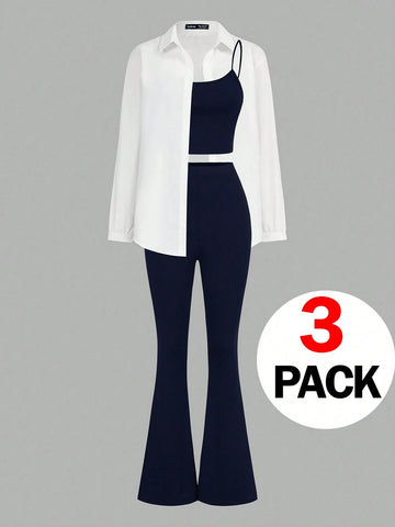 3pcs/Set Women's Casual Basic Light Sports Outfit , Sexy & Fashionable Outdoor Cycling Tennis Travel Top Top Slim Fit Strap & Slim Fit Flare Pants & Long Sleeve Blouse Women Tracksuit Workout Set Fall Women Clothes , 3pcs/Set