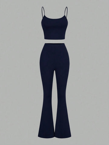 3pcs/Set Women's Casual Basic Light Sports Outfit , Sexy & Fashionable Outdoor Cycling Tennis Travel Top Top Slim Fit Strap & Slim Fit Flare Pants & Long Sleeve Blouse Women Tracksuit Workout Set Fall Women Clothes , 3pcs/Set