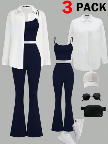 3pcs/Set Women's Casual Basic Light Sports Outfit , Sexy & Fashionable Outdoor Cycling Tennis Travel Top Top Slim Fit Strap & Slim Fit Flare Pants & Long Sleeve Blouse Women Tracksuit Workout Set Fall Women Clothes , 3pcs/Set