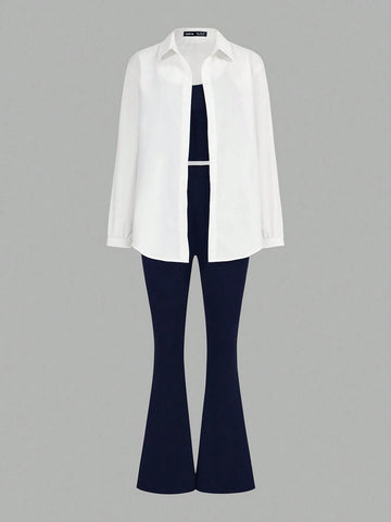 3pcs/Set Women's Casual Basic Light Sports Outfit , Sexy & Fashionable Outdoor Cycling Tennis Travel Top Top Slim Fit Strap & Slim Fit Flare Pants & Long Sleeve Blouse Women Tracksuit Workout Set Fall Women Clothes , 3pcs/Set