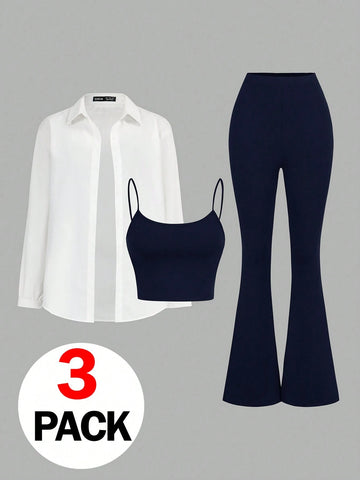 3pcs/Set Women's Casual Basic Light Sports Outfit , Sexy & Fashionable Outdoor Cycling Tennis Travel Top Top Slim Fit Strap & Slim Fit Flare Pants & Long Sleeve Blouse Women Tracksuit Workout Set Fall Women Clothes , 3pcs/Set