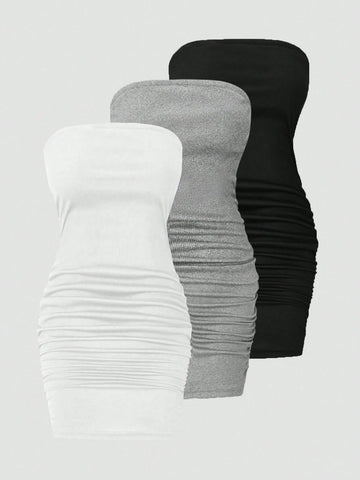 3pcs Simple Solid Color Women's Strapless Dress Set