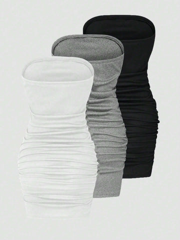 3pcs Simple Solid Color Women's Strapless Dress Set