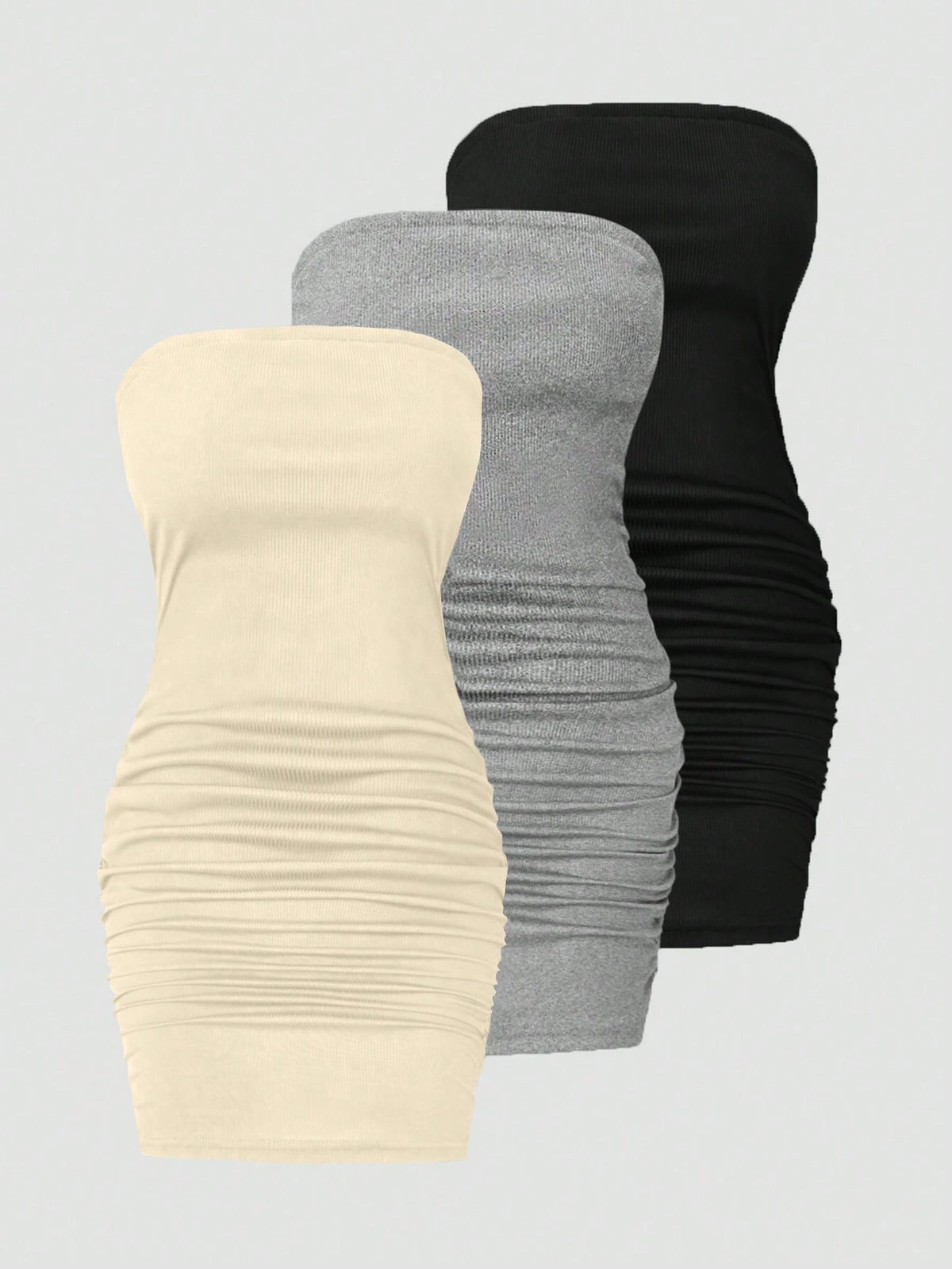 3pcs Women's Summer Solid Color Strapless Bodycon Dress With Pleats