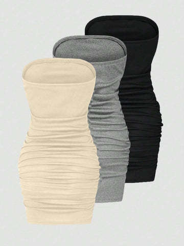 3pcs Women's Summer Solid Color Strapless Bodycon Dress With Pleats