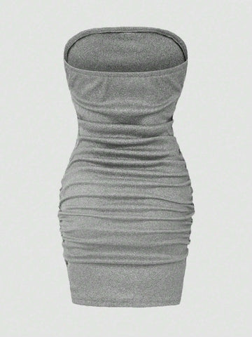 3pcs Women's Summer Solid Color Strapless Bodycon Dress With Pleats