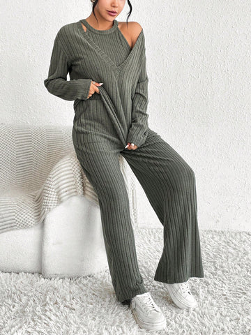 3pcs/set Solid Color Ribbed Slim Fit V-neck T-shirt, Vest, And Long Pants Outfit