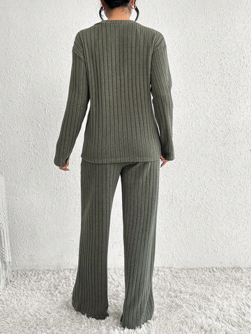 3pcs/set Solid Color Ribbed Slim Fit V-neck T-shirt, Vest, And Long Pants Outfit