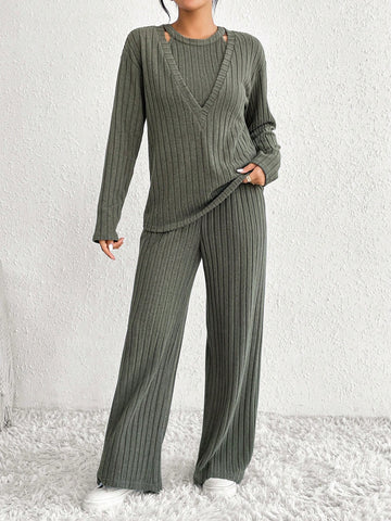 3pcs/set Solid Color Ribbed Slim Fit V-neck T-shirt, Vest, And Long Pants Outfit