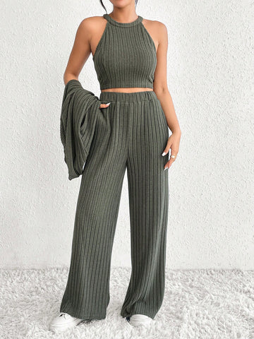 3pcs/set Solid Color Ribbed Slim Fit V-neck T-shirt, Vest, And Long Pants Outfit