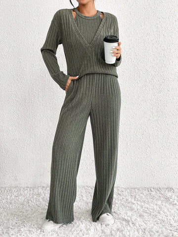 3pcs/set Solid Color Ribbed Slim Fit V-neck T-shirt, Vest, And Long Pants Outfit