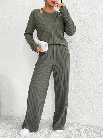 3pcs/set Solid Color Ribbed Slim Fit V-neck T-shirt, Vest, And Long Pants Outfit