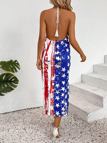 4th Of July Halte Summer American Flag Printed Halter Neck Sleeveless A Line Casual Vacation