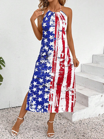 4th Of July Halte Summer American Flag Printed Halter Neck Sleeveless A Line Casual Vacation