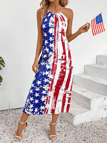 4th Of July Halte Summer American Flag Printed Halter Neck Sleeveless A Line Casual Vacation