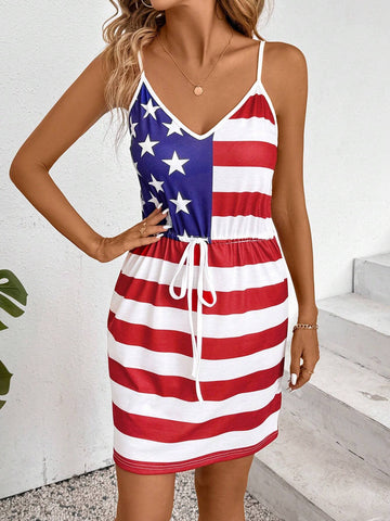 4th Of July Women's Fashionable American Flag Print Cami Dress USA Independence Day
