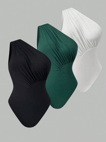 Asymmetric One Shoulder Sleeveless Sexy Bodysuit Three-Piece Set