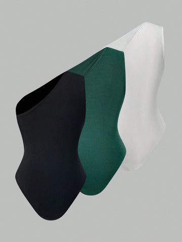 Asymmetric One Shoulder Sleeveless Sexy Bodysuit Three-Piece Set