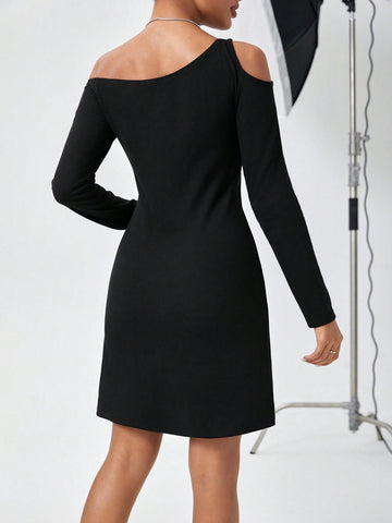 Asymmetrical Neckline Long Sleeve Dress