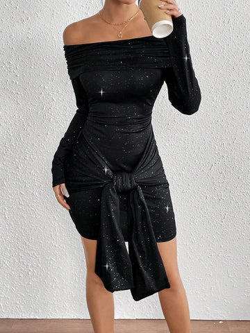 Autumn/Winter Velvet Sparkly Print Off Shoulder Ruched Tie-Up Midi Dress