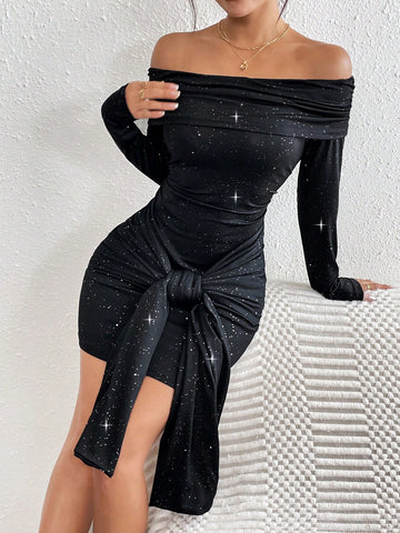 Autumn/Winter Velvet Sparkly Print Off Shoulder Ruched Tie-Up Midi Dress