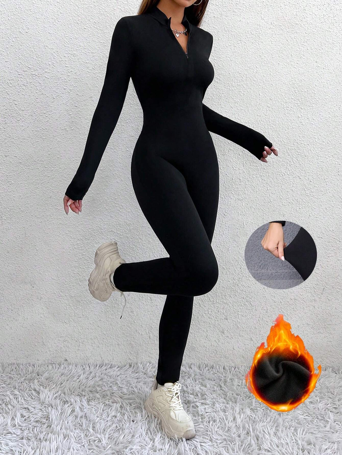 Autumn/Winter Zip-Up Long Sleeve Skinny Jumpsuit, Workout Casual Warm Lining Compression Tights