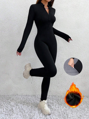 Autumn/Winter Zip-Up Long Sleeve Skinny Jumpsuit, Workout Casual Warm Lining Compression Tights