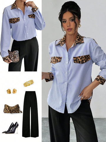 Essnce Autumn Leopard Print & Striped Color Block Casual Shirt