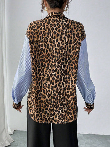 Essnce Autumn Leopard Print & Striped Color Block Casual Shirt