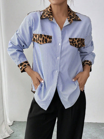 Essnce Autumn Leopard Print & Striped Color Block Casual Shirt