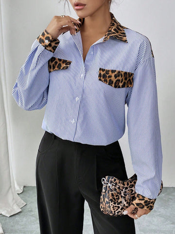 Essnce Autumn Leopard Print & Striped Color Block Casual Shirt