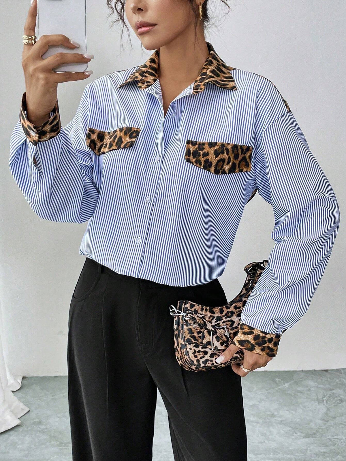 Essnce Autumn Leopard Print & Striped Color Block Casual Shirt