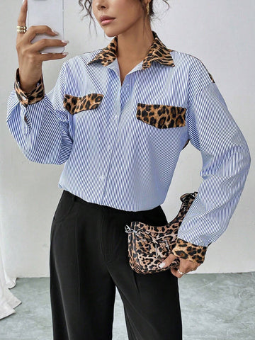 Essnce Autumn Leopard Print & Striped Color Block Casual Shirt
