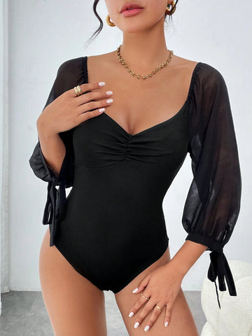 BODYSUIT - SWEETHEART 3/4 SLEEVE BODYSUIT IN BLACK
