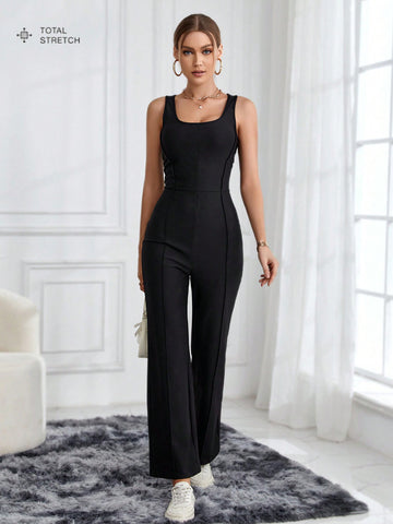 Black Knitted High Elasticity Sleeveless Unitard Jumpsuit With Wide Shoulder Straps For Sports And Leisure