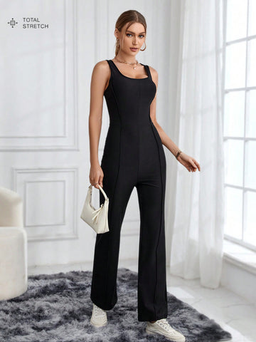 Black Knitted High Elasticity Sleeveless Unitard Jumpsuit With Wide Shoulder Straps For Sports And Leisure