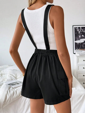 Black Overall Jumpsuit For Women With Adjustable Buckles And Pocket Design, Casual And Versatile