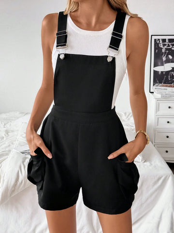Black Overall Jumpsuit For Women With Adjustable Buckles And Pocket Design, Casual And Versatile
